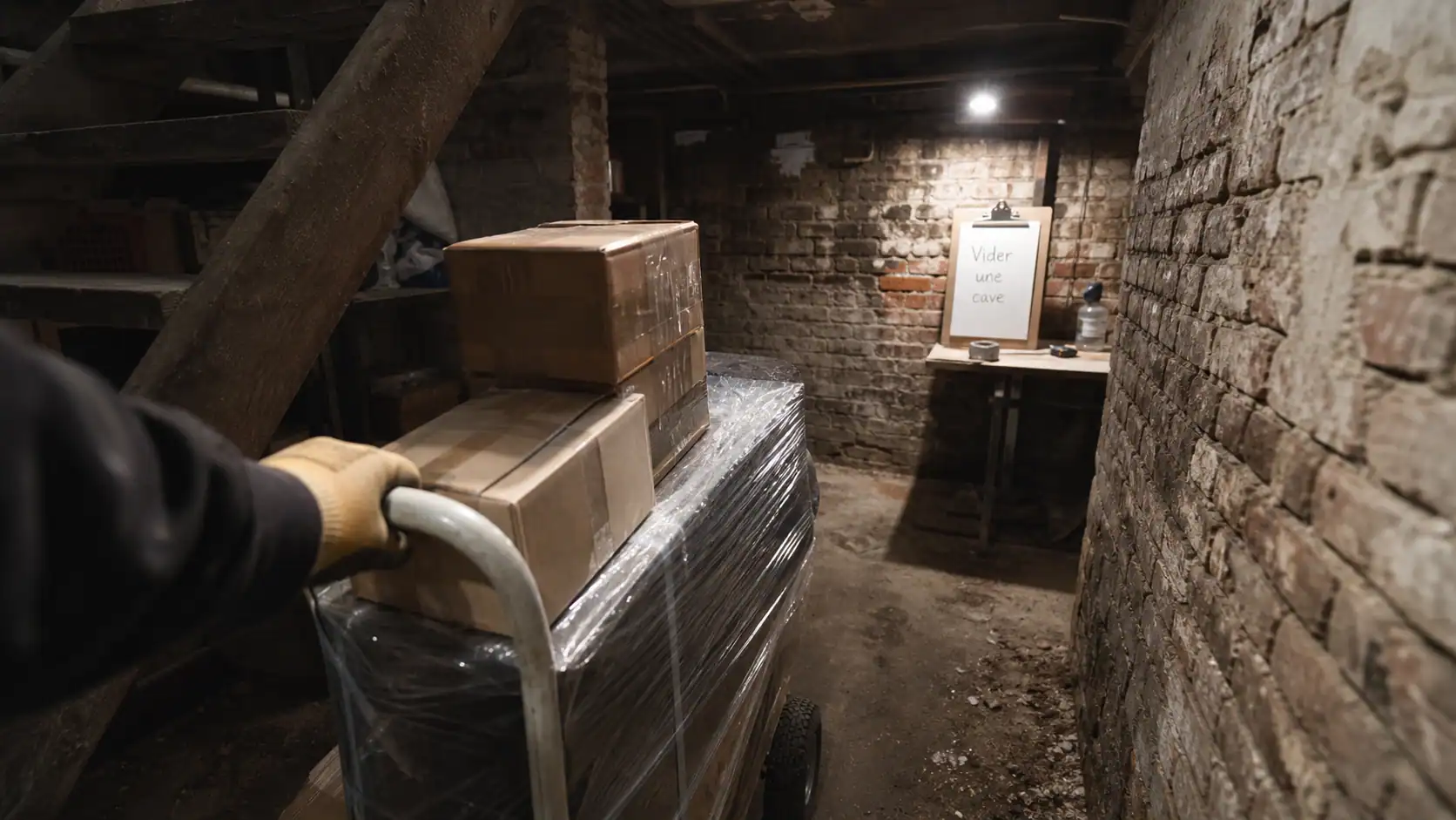 Vider cave : évacuation d’encombrants dans une cave, chariot et cartons