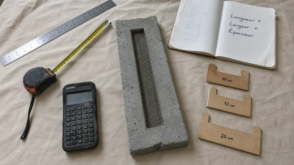 Calcul m3 beton : longueur × largeur × épaisseur sur chantier