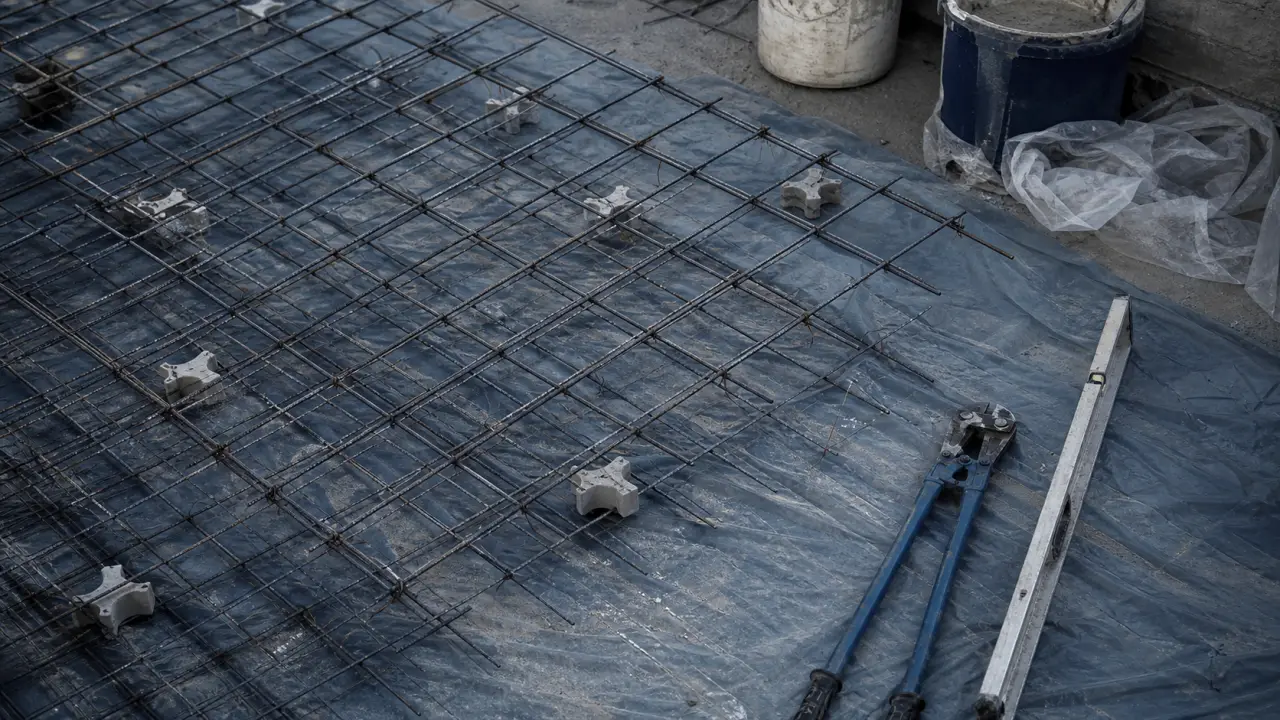 Dalle beton ferraillage : treillis acier sur cales d’enrobage