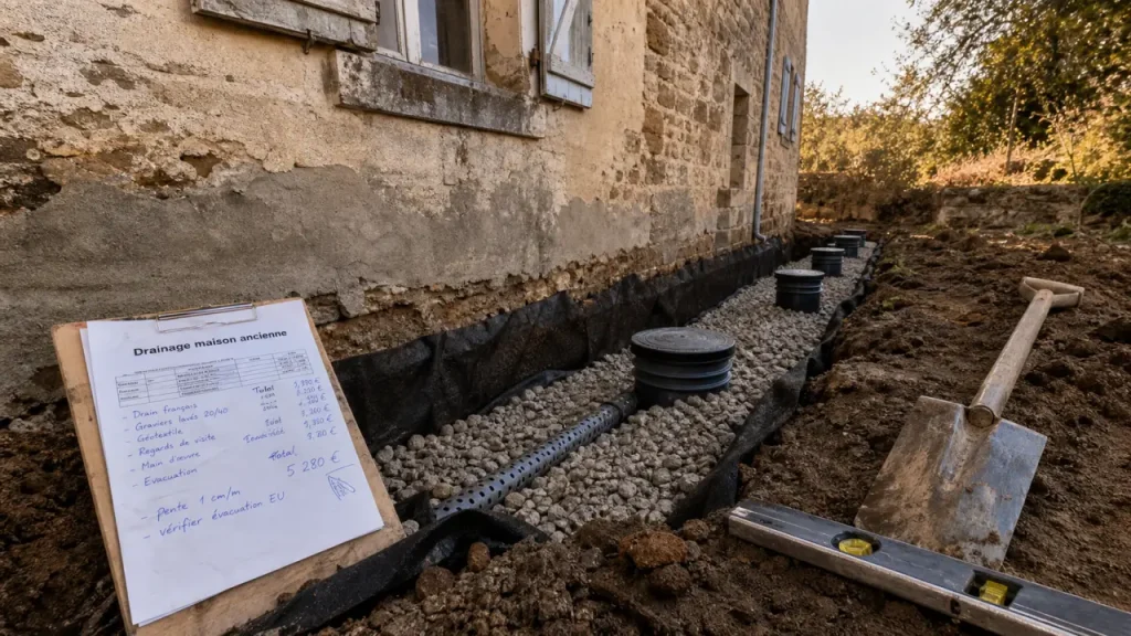 Drainage maison ancienne prix : tranchée avec tuyau perforé et gravier