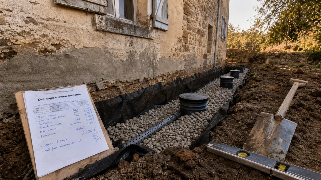 Drainage maison ancienne prix : tranchée avec tuyau perforé et gravier