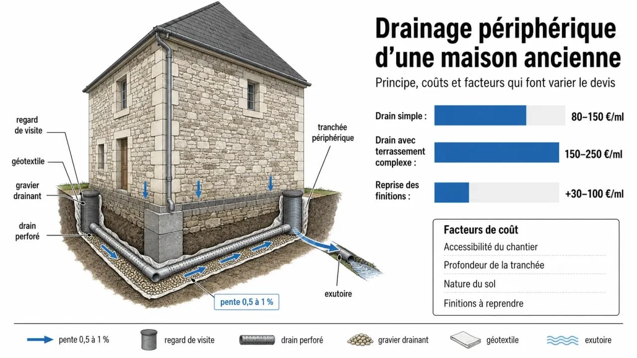Drainage maison ancienne prix : schéma comparatif des coûts et du principe de drainage autour des fondations