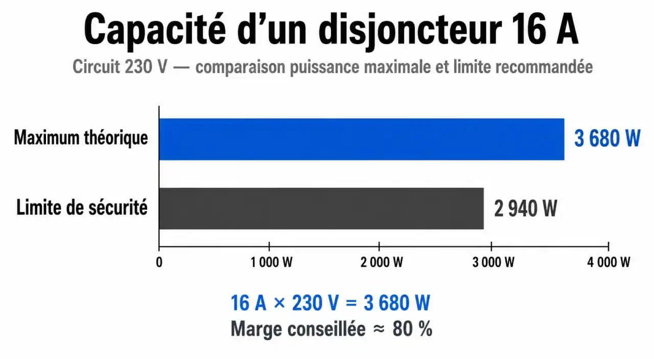 Schéma de la limite de puissance de 2940W pour un disjoncteur 16A dédié aux radiateurs électriques