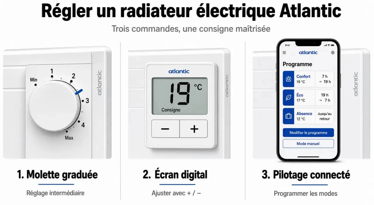 Réglage radiateurs électrique Atlantic avec molette, écran digital et pilotage connecté