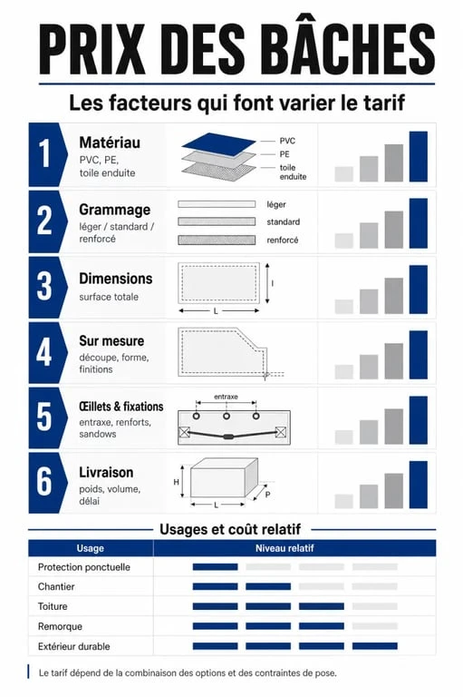 Infographie sur le bache prix comparant les types, grammages, usages et critères qui font varier le tarif