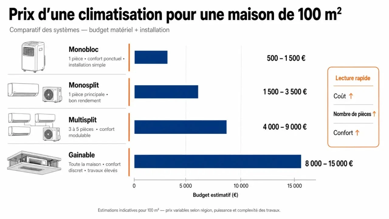 Prix climatisation maison 100m2 : comparatif visuel des budgets selon le type de système