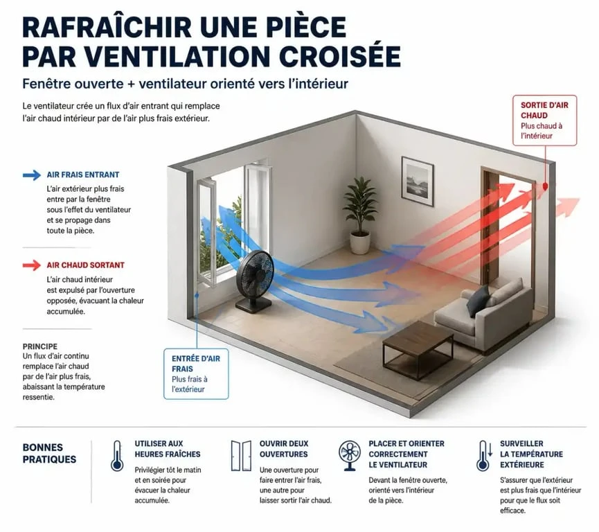 Schéma expliquant comment rafraîchir une pièce avec un ventilateur en optimisant le flux d'air