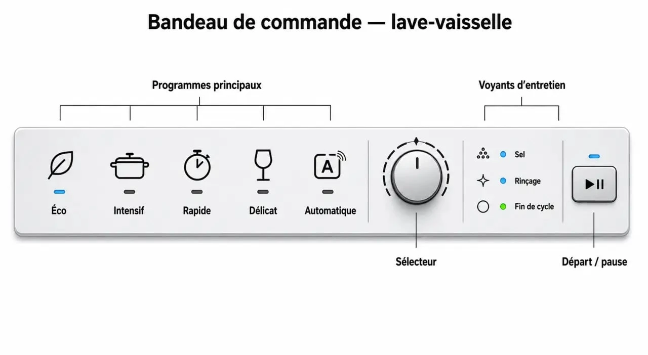 Programmes lave vaisselle Whirlpool : schéma clair des cycles, symboles et voyants