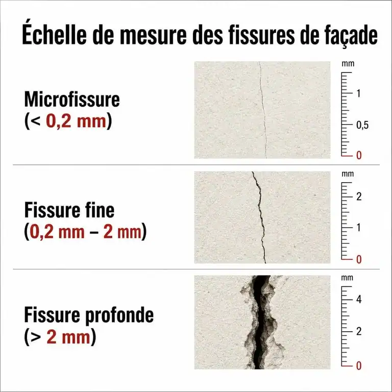 Schéma explicatif des différents types de fissures sur un crépi extérieur : microfissure, fissure fine et fissure profonde.