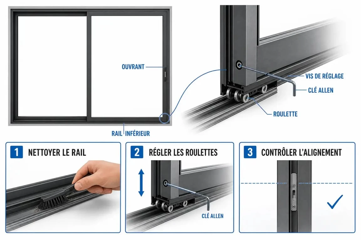 Réglage baie coulissante aluminium : schéma éditorial des roulettes, du rail et des vis de réglage
