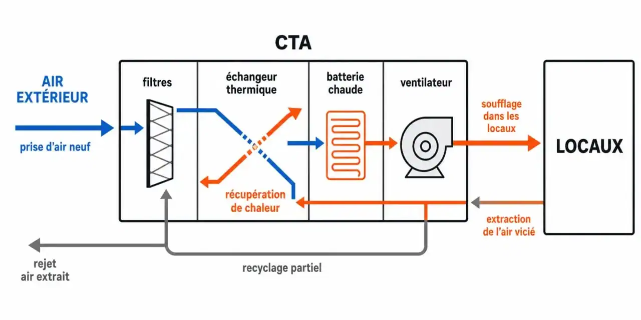 CTA chauffage : schéma simplifié du traitement de l’air et du chauffage dans une centrale de traitement d’air
