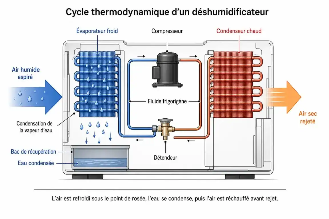 Schéma du fonctionnement d'un déshumidificateur montrant le cycle de condensation de l'air