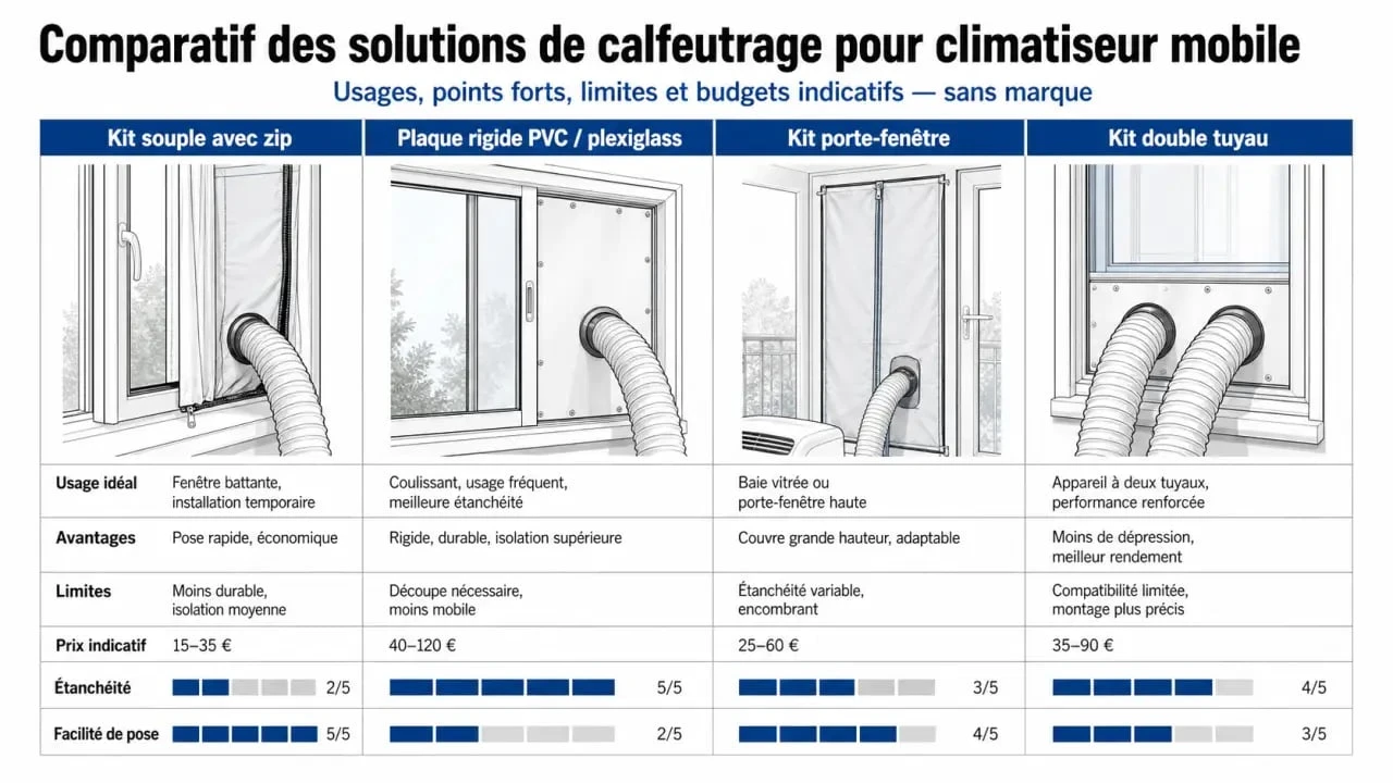 Comparatif du meilleur kit calfeutrage pour climatiseur mobile avec types de kits, usages et prix