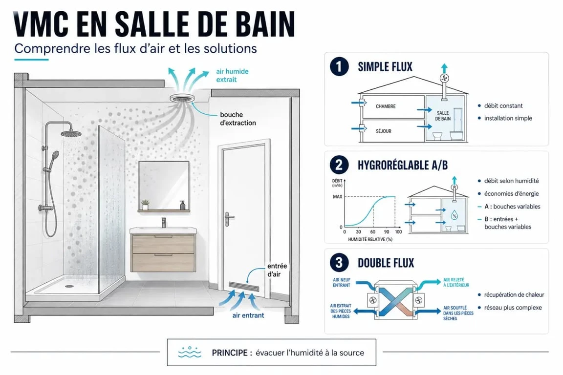 VMC pour salle de bain : schéma comparatif des solutions et du flux d’air