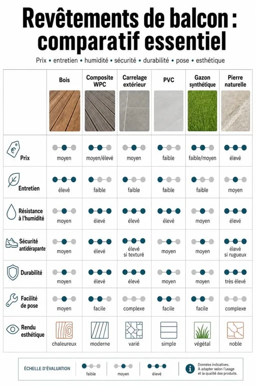 Infographie comparative sur le revêtement pour balcon : bois, WPC, carrelage, PVC, gazon synthétique et pierre naturelle