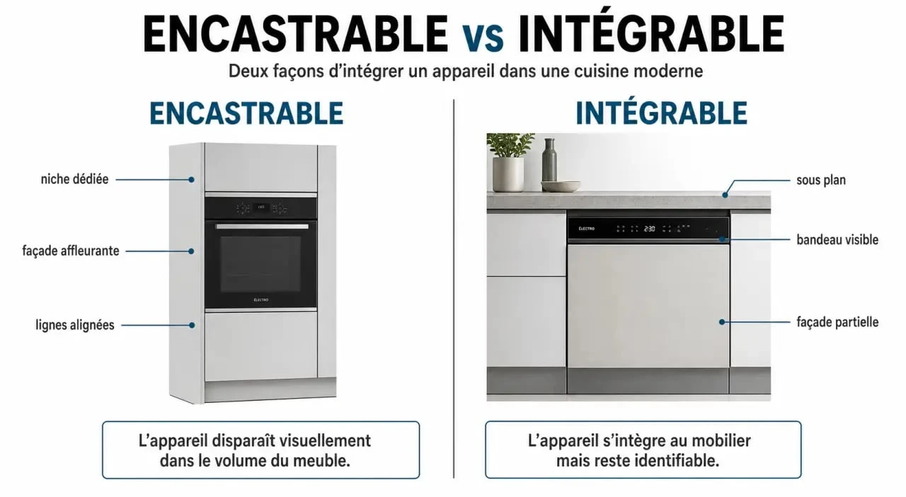 Différence entre encastrable et intégrable illustrée dans une cuisine