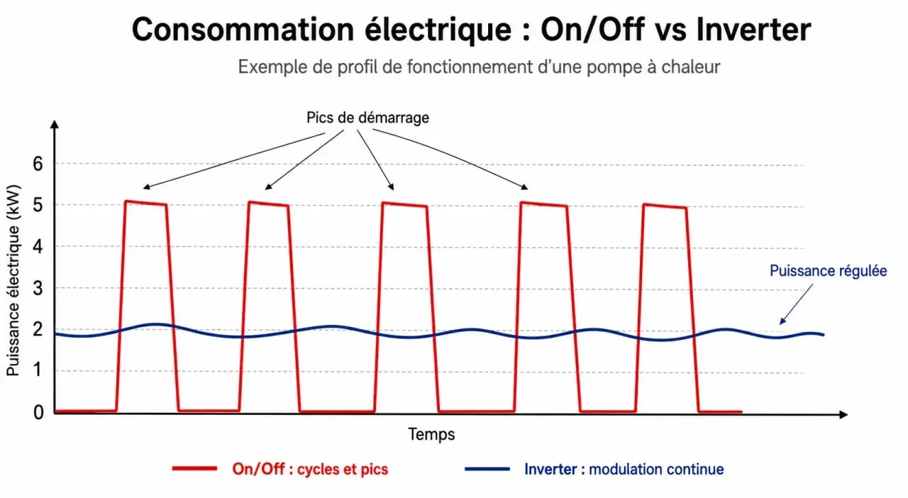 Comparatif graphique de la consommation électrique : pompe à chaleur Inverter vs On/Off
