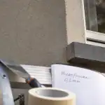 Micro fissure crépi extérieur sur façade beige, gros plan