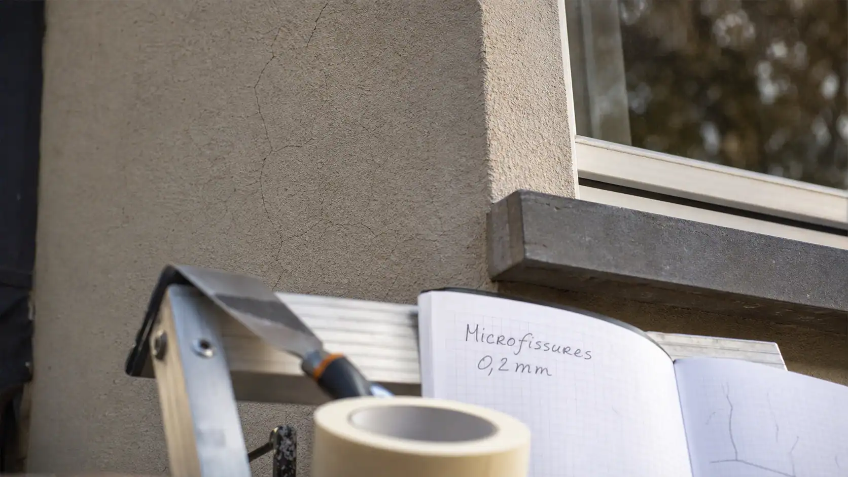 Micro fissure crépi extérieur sur façade beige, gros plan