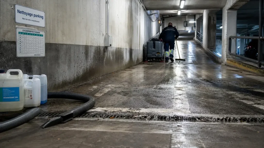 Nettoyage parking copropriété : agent utilise autolaveuse dans le parking