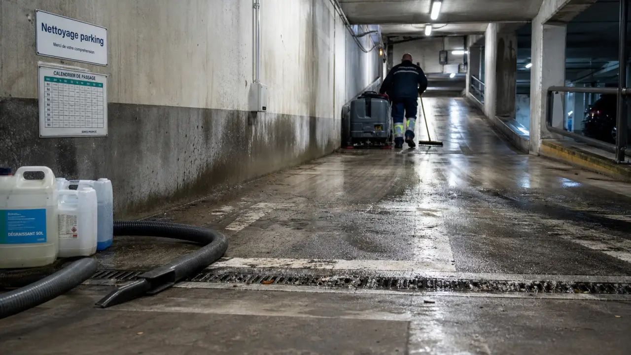 Nettoyage parking copropriété : agent utilise autolaveuse dans le parking