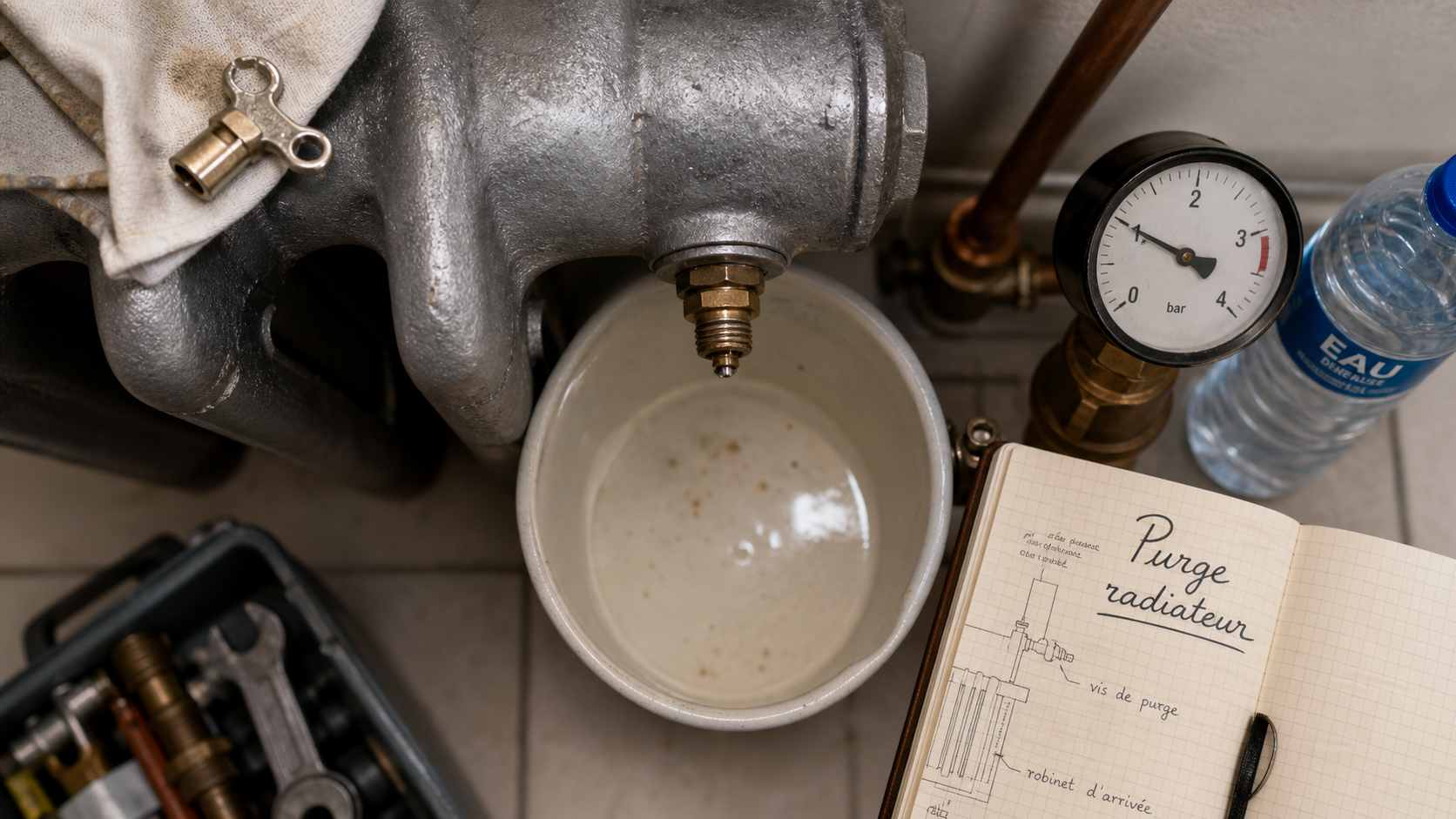 Purger radiateur fonte : vis de purge et eau de purge sous la chaudière