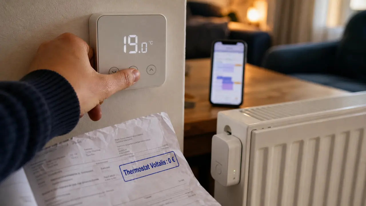 Thermostat Voltalis réglé sur un thermostat mural, chauffage électrique gratuit