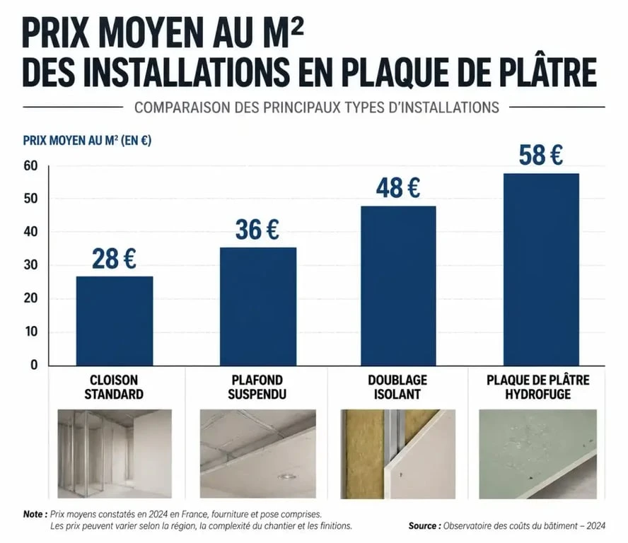 Graphique comparatif du prix pose placo au m2 selon le type de prestation