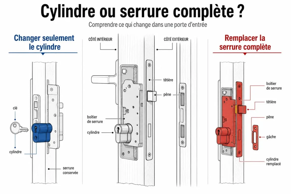 Changer serrure de porte : schéma des éléments d’une porte avec cylindre et serrure