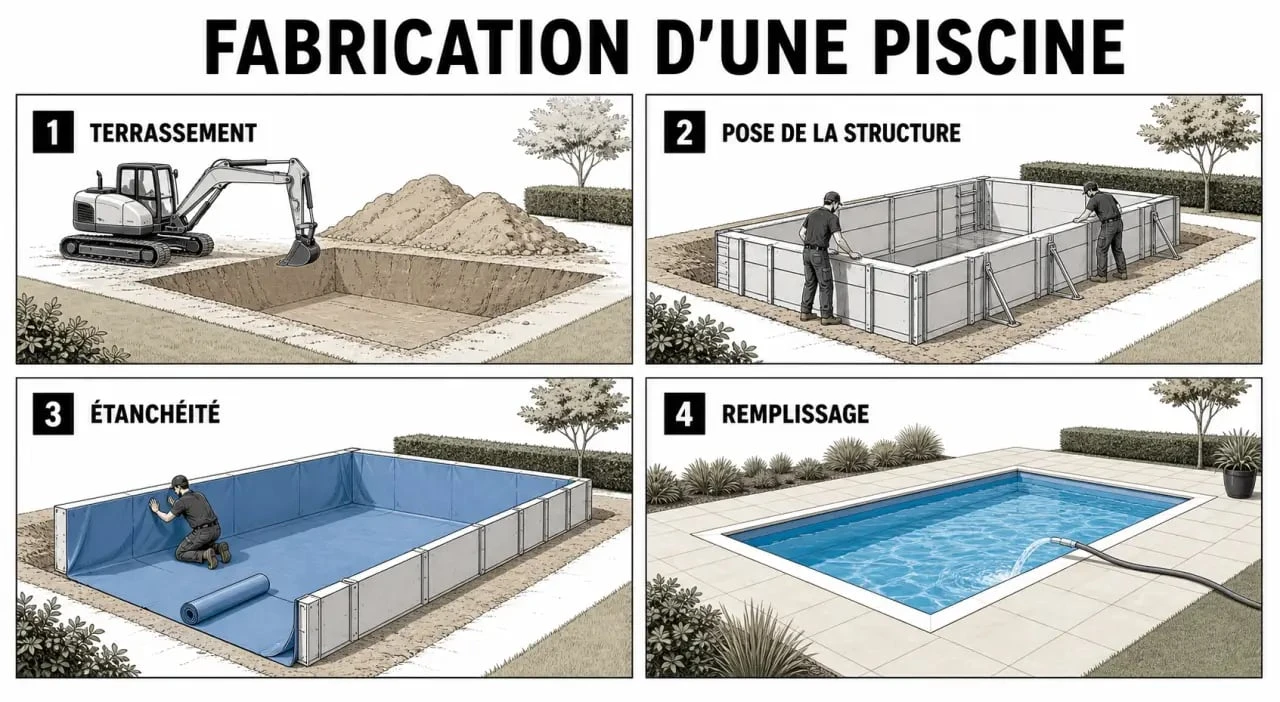 Fabrication d une piscine : étapes de chantier du terrassement au remplissage