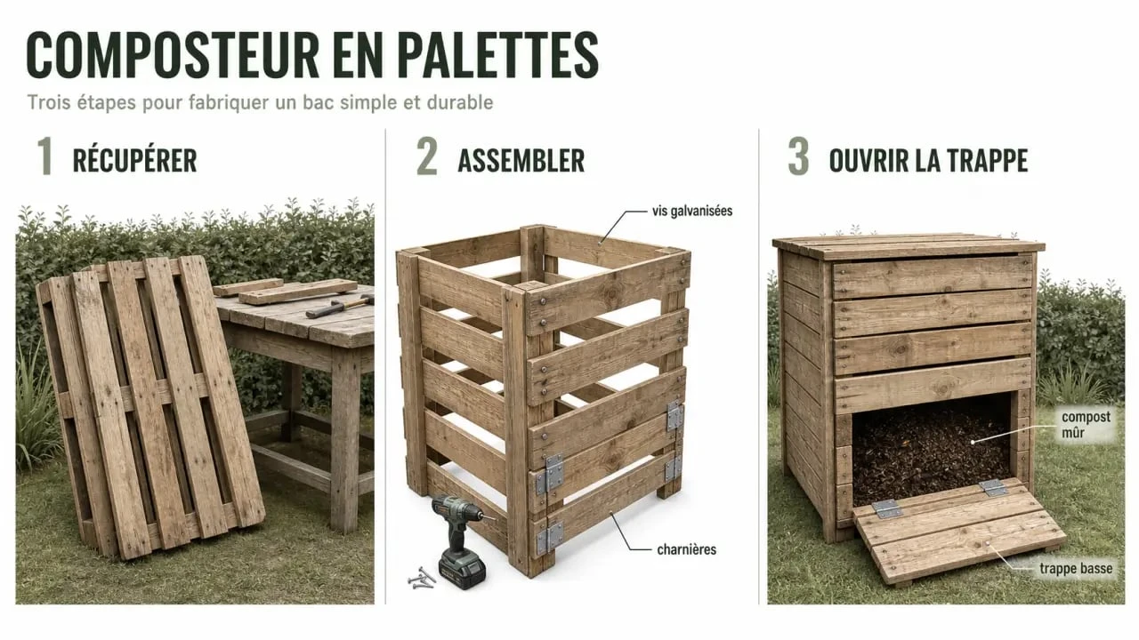 DIY composteur en palettes, montage étape par étape dans un jardin