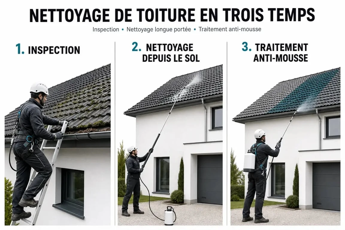 Nettoyage toiture illustré en trois étapes avec équipement de sécurité