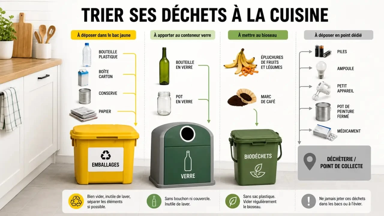 Tri sélectif : illustration des bacs jaune, verre et biodéchets dans un foyer