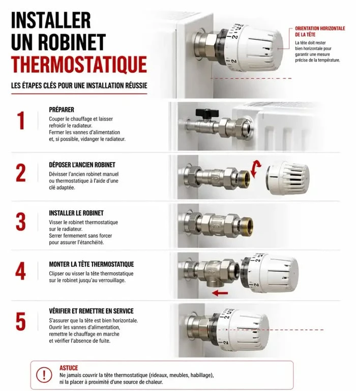 Étapes d'installation d'un robinet thermostatique sur radiateur