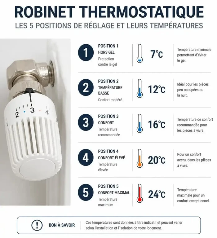 Infographie des réglages de robinets thermostatiques radiateurs de 1 à 5