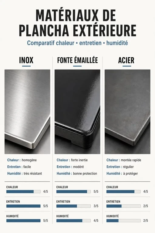 Plancha exterieur : différences entre inox, fonte émaillée et acier