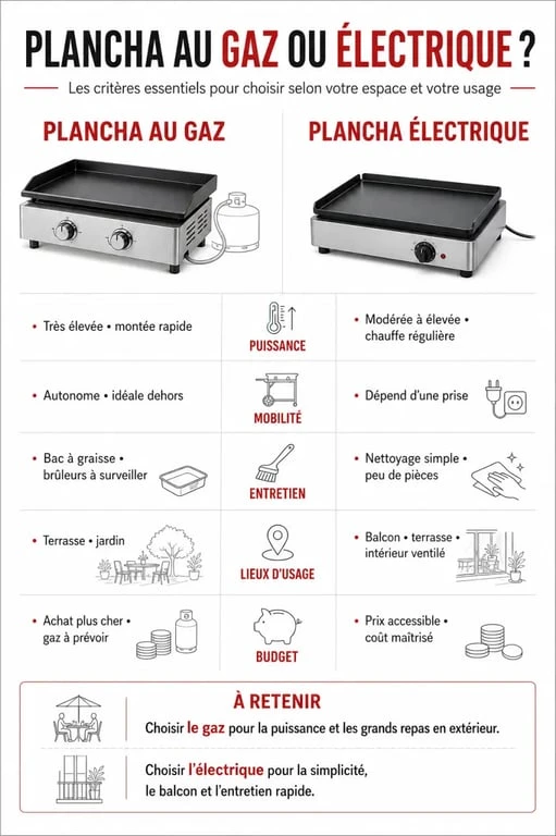 Plancha exterieur : comparatif gaz vs électrique pour balcon, terrasse et jardin