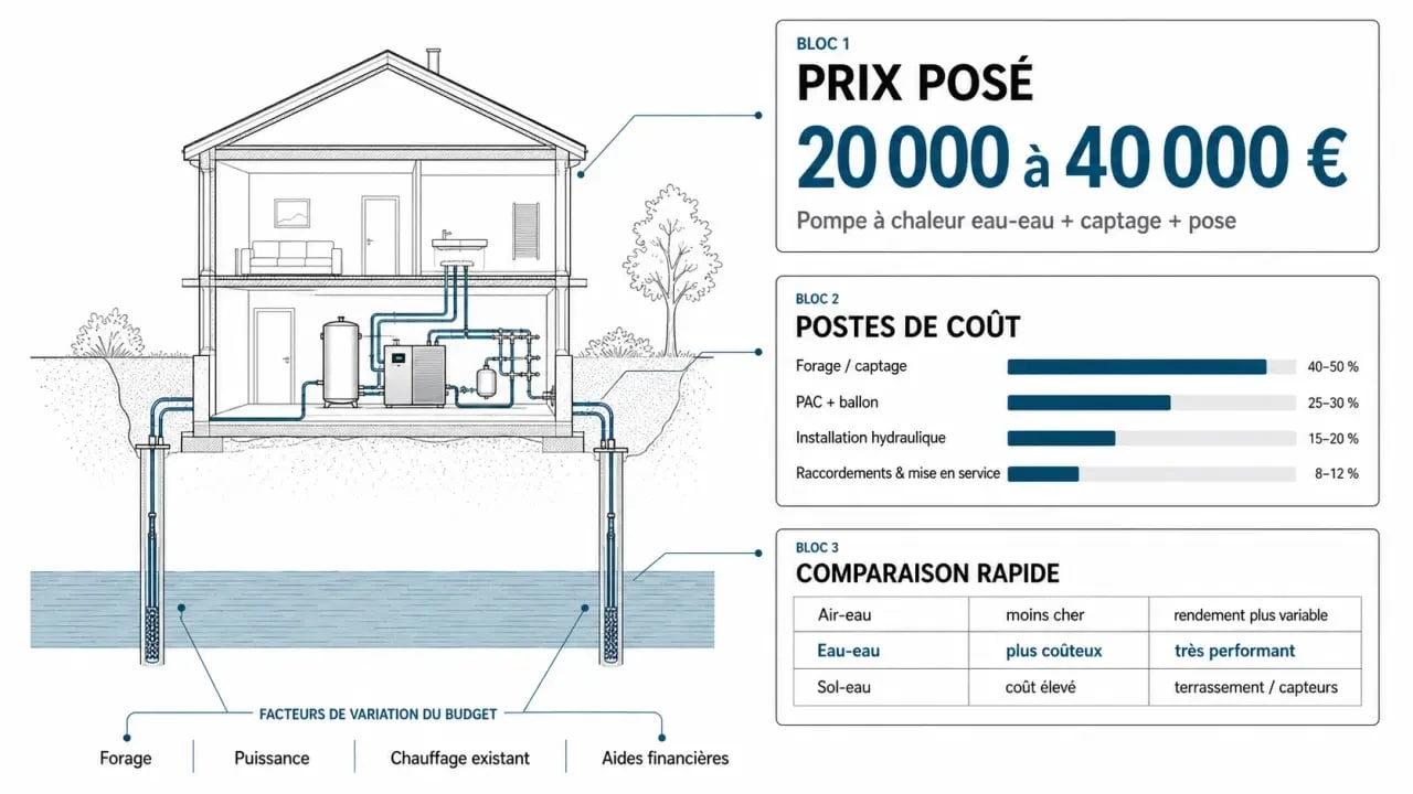 Prix pompe chaleur eau eau : fourchettes de budget, facteurs de coût et comparaison avec les autres PAC