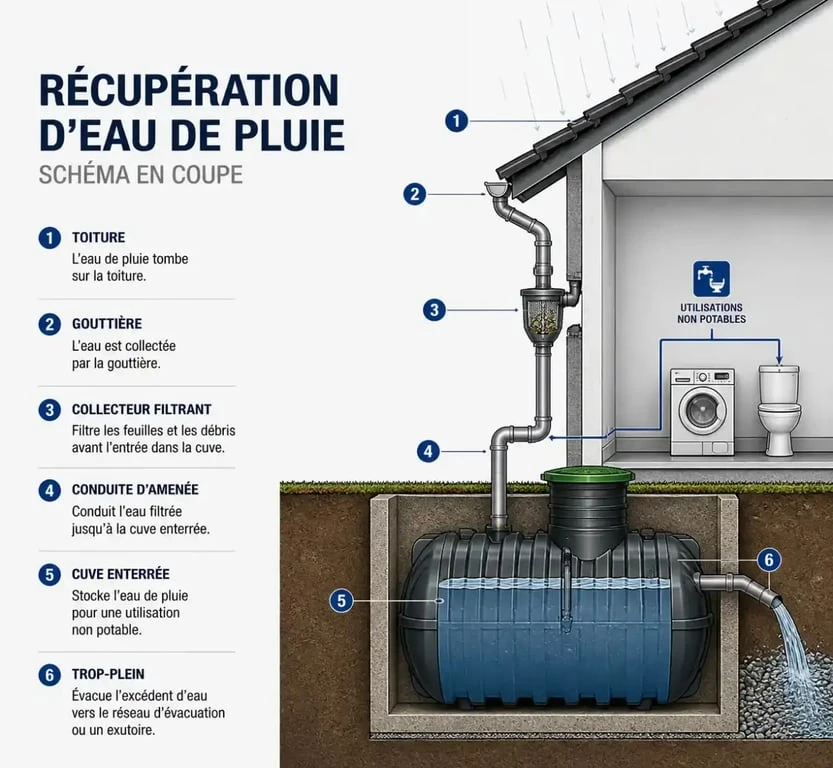 Schéma de fonctionnement d'un récupérateur eau de pluie enterré
