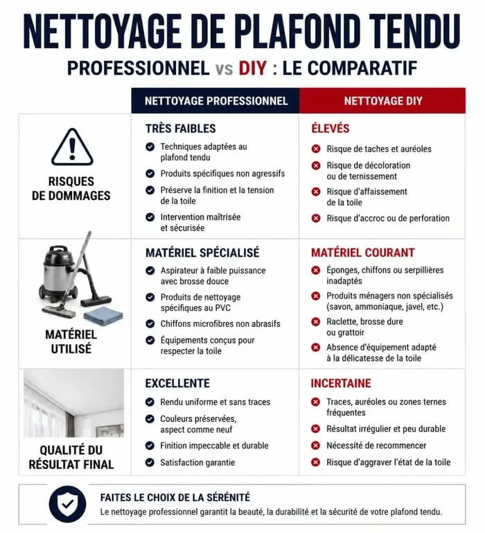 Tableau comparatif : nettoyage professionnel vs nettoyage DIY pour plafond tendu, tarif nettoyage plafond tendu