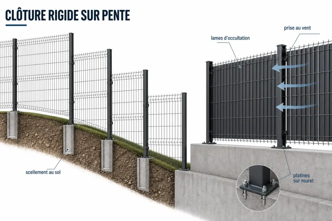 Clôture rigide : pose sur terrain en pente avec platines et occultation
