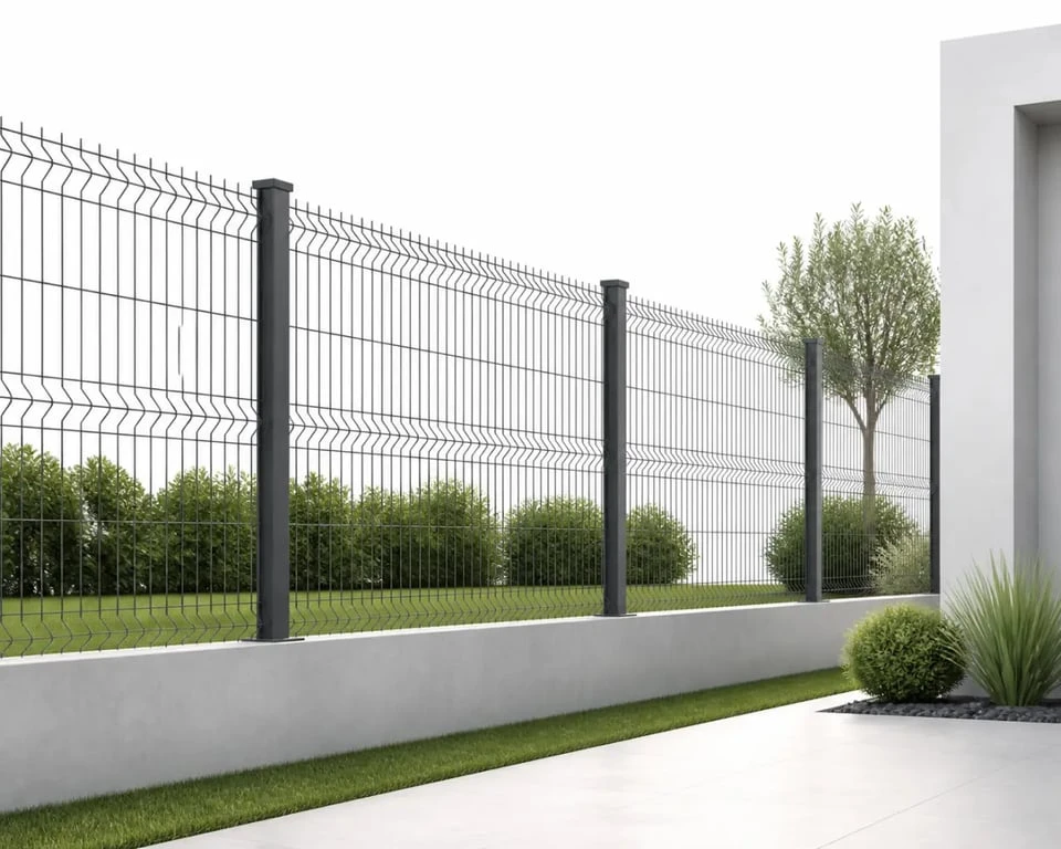 Clôture rigide : panneaux à plis, poteaux et soubassement dans un jardin