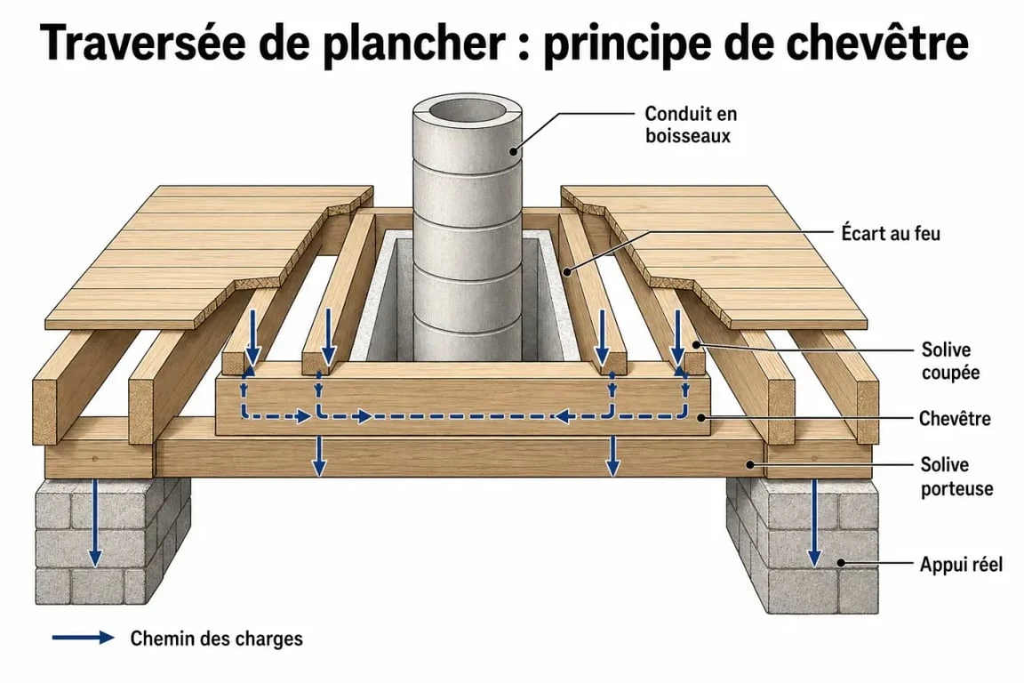 Schéma du chevêtre comment soutenir un conduit de cheminée avec les solives et le chemin des charges