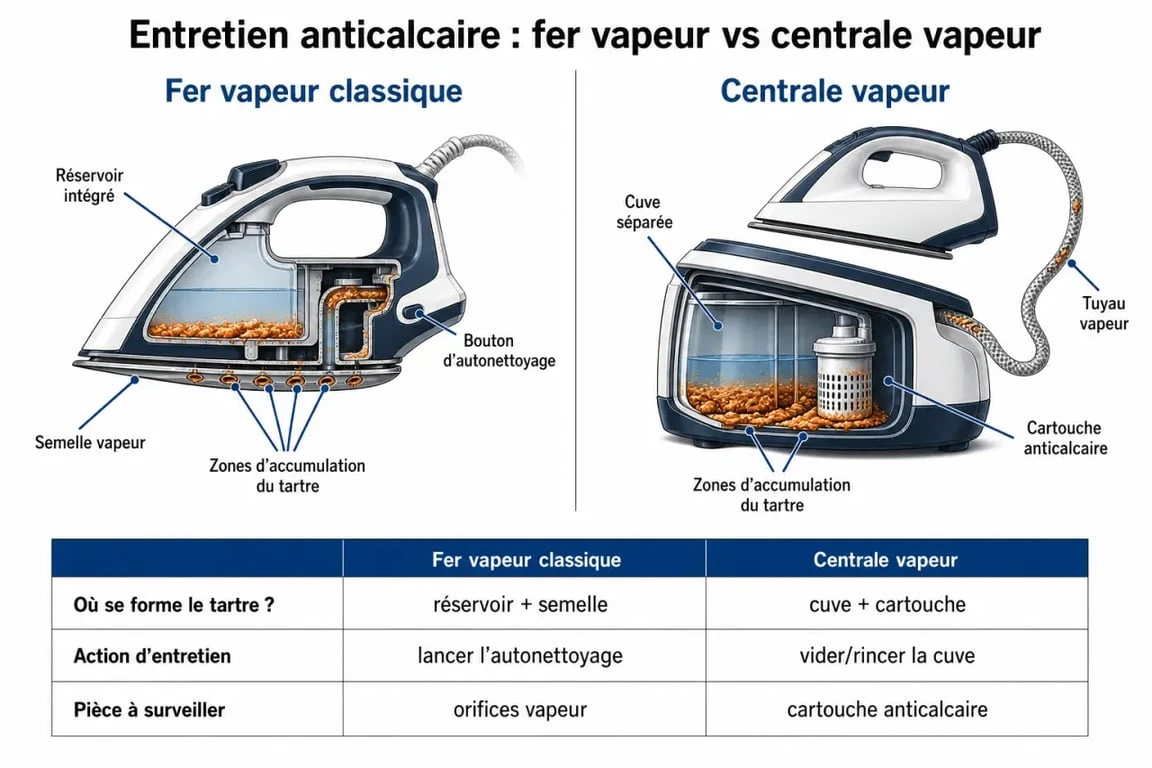 Nettoyer un fer à repasser calcaire : différences d’entretien entre fer classique et centrale vapeur