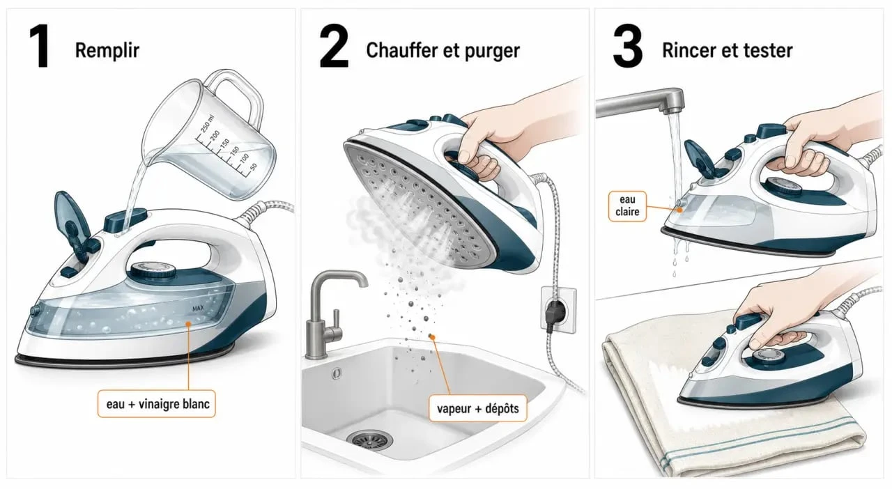 Nettoyer un fer à repasser calcaire : étapes de détartrage du réservoir, de la vapeur et du rinçage