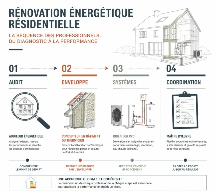 Infographie des étapes et métiers du bâtiment intervenant dans une rénovation énergétique réussie