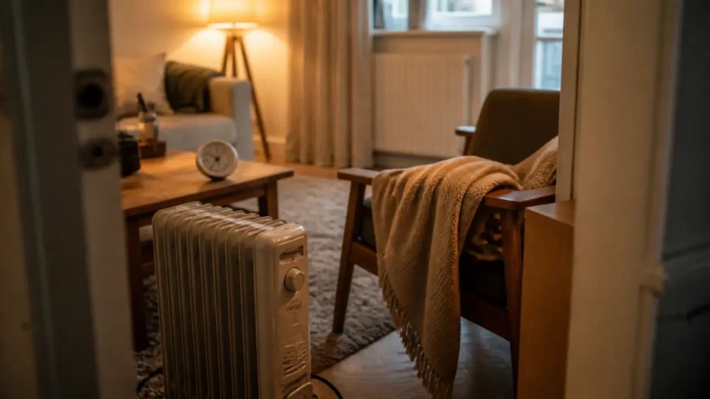 Meilleur chauffage appoint bain d’huile compact, thermostat visible en salon