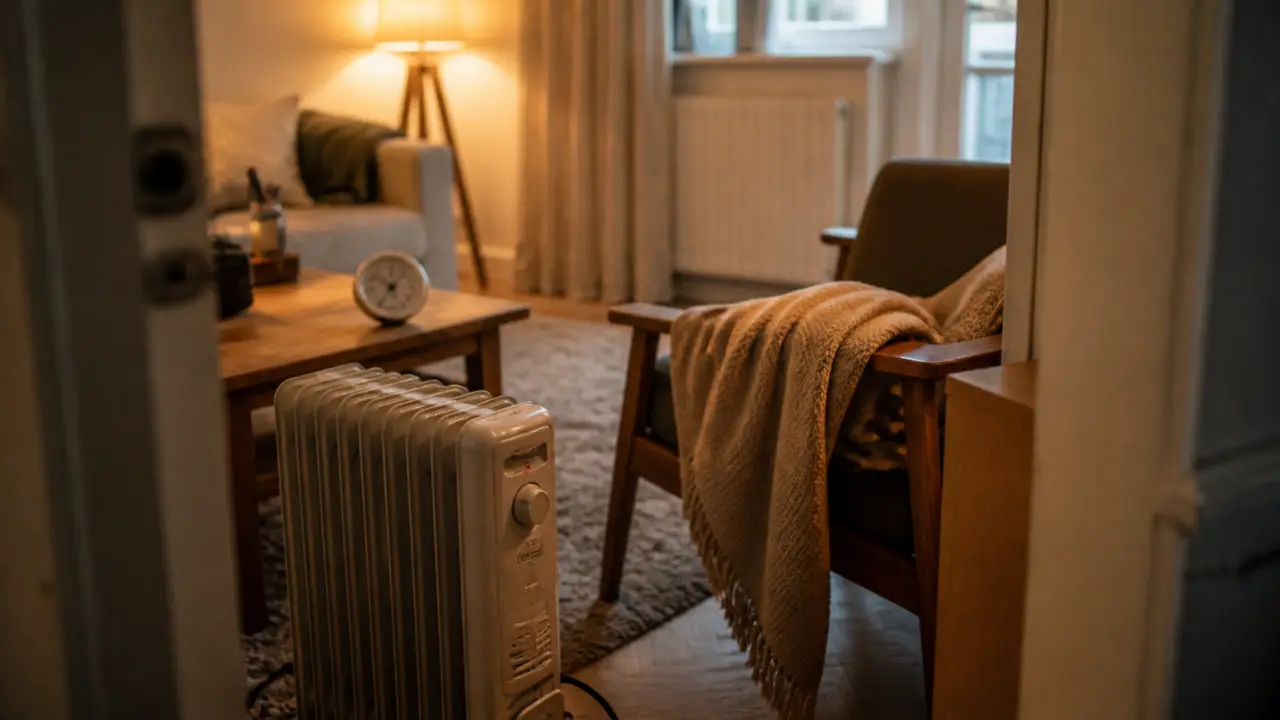 Meilleur chauffage appoint bain d’huile compact, thermostat visible en salon