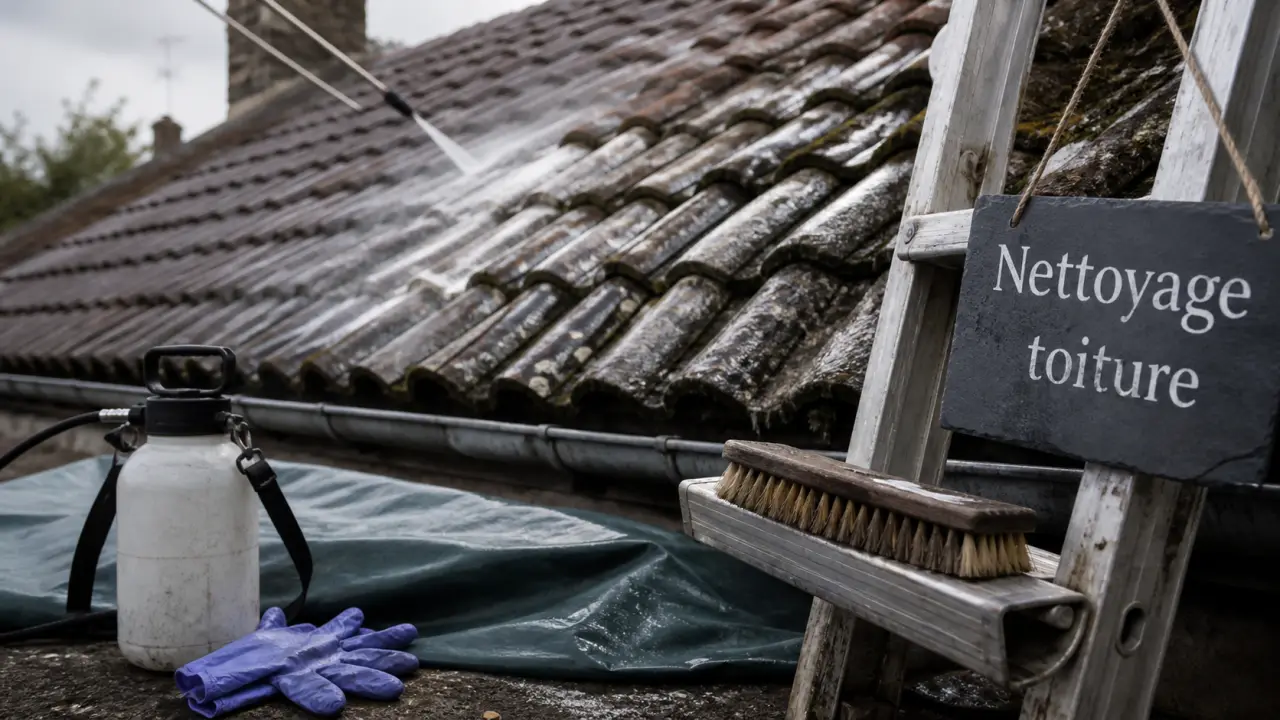 Nettoyage toiture au prix au m², brosse et pulvérisateur