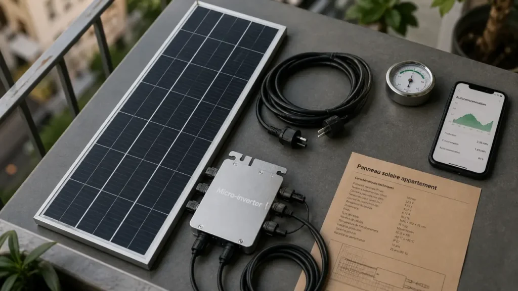panneau solaire appartement sur balcon, micro-onduleur et câbles